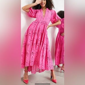ASOS EDITION button front tiered eyelet maxi dress in bright pink